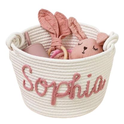 Picture of Personalized Small Woven Basket Custom Cotton RoPersonalized Baby Name Basket, Custom Baby Shower Gift Cotton Rope Basket Diaper Caddy Baby Stuff Organizer Storage Bin for Nursery Essentials (Style C)