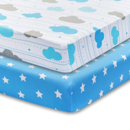 Picture of 2 Pack Fitted Crib Sheets for Boys in 100% Jersey Knit Cotton -Boy’s Crib Mattress Sheets in Celestial Themes - Blue with White Stars and White with Blue and Gray Clouds by Everyday Kids