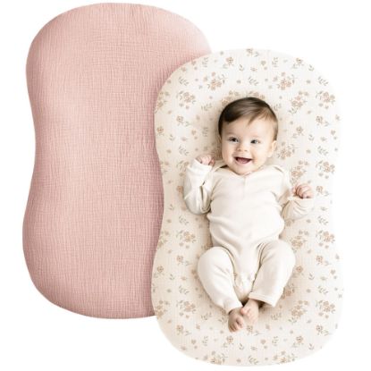 Picture of Konssy Muslin Baby Lounger Cover 2 Pack, 100% Cotton Newborn Lounger Cover, Soft and Breathable Baby Nest Slipcover for Boys Girls (Blossom,Pink)