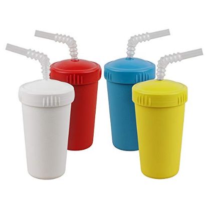 Picture of Re-Play Made in USA 4pk Straw Cups with Reversible Straws| Made from Eco Friendly Heavyweight Recycled Milk Jugs - Virtually Indestructible| White, Red, Sky Blue and Yellow | Playdoh+