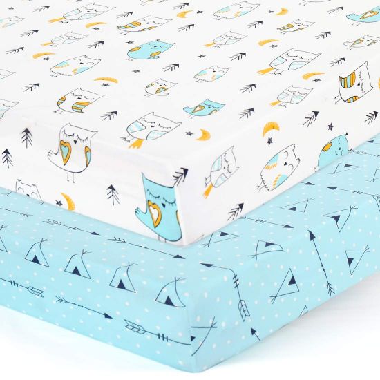 Picture of BROLEX Baby Fitted Crib Sheets: Kid Crib Sheets - Set of 2 for Toddler Standard Size Crib Mattress for Boys and Girls - Jersey Knit Crib Bed Sheets Arrow Owl