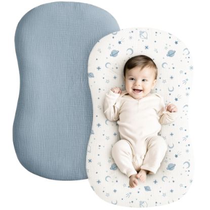 Picture of Konssy Muslin Baby Lounger Cover 2 Pack, 100% Cotton Newborn Lounger Cover, Soft and Breathable Baby Nest Slipcover for Boys Girls (Star,Blue)