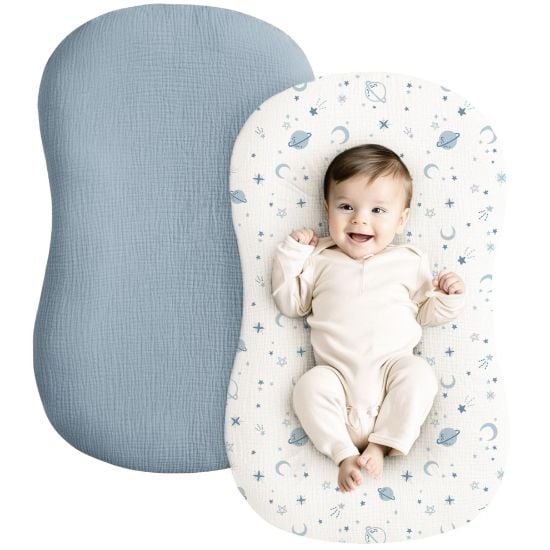 Picture of Konssy Muslin Baby Lounger Cover 2 Pack, 100% Cotton Newborn Lounger Cover, Soft and Breathable Baby Nest Slipcover for Boys Girls (Star,Blue)