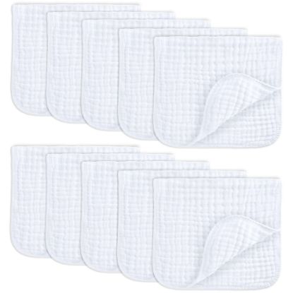 Picture of Comfy Cubs Muslin Burp Cloths 20" x 10", Pack of 10 - Large, 6-Layer, Ultra Absorbent 100% Cotton for Baby Drool and Messes - Soft, Safe & Gentle Baby Burp Cloths for Boys & Girls - White