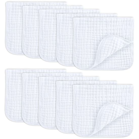 Picture of Comfy Cubs Muslin Burp Cloths 20" x 10", Pack of 10 - Large, 6-Layer, Ultra Absorbent 100% Cotton for Baby Drool and Messes - Soft, Safe & Gentle Baby Burp Cloths for Boys & Girls - White