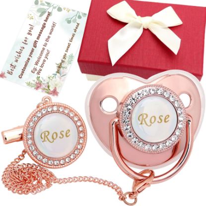 Picture of Personalized Pacifier Set with Name, BPA Free, Bling Gold Silver Pink Rose Gold Luxurious Ideal Gift for Newborns (Rose Gold)