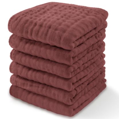 Picture of Comfy Cubs Muslin Baby Washcloths 6 Pack - Soft 6-Layer Cotton Wash Cloths for Sensitive Skin - 10"x10" Large, Gentle, Absorbent Infant Essentials for Newborn and Toddlers - (Wine)
