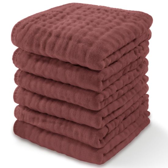 Picture of Comfy Cubs Muslin Baby Washcloths 6 Pack - Soft 6-Layer Cotton Wash Cloths for Sensitive Skin - 10"x10" Large, Gentle, Absorbent Infant Essentials for Newborn and Toddlers - (Wine)