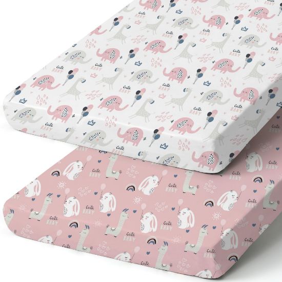 Picture of BROLEX Baby Fitted Crib Sheets: Kid Crib Sheets - Set of 2 for Toddler Standard Size Crib Mattress for Boys and Girls - Jersey Knit Crib Bed Sheets Elephant Rabbit