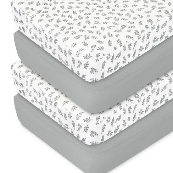 Picture of Crib Sheets 4 Pack for Baby Boys & Girls, Neutral Crib Sheet Fitted 52'' x 28'' for Standard Crib & Toddler Mattress, Ultra Soft Material Baby Sheet, Grey Leaf