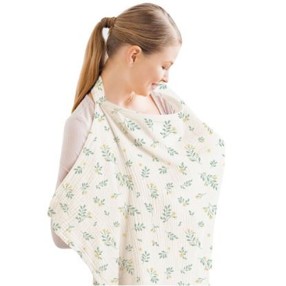 Picture of Konssy Muslin Nursing Cover for Baby Breastfeeding, Breathable 100% Cotton Breastfeeding Cover with Rigid Hoop for Mother Nursing Apron, Multi-use Carseat Canopy (Leafy)
