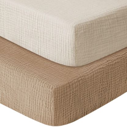 Picture of GUNTAIL Muslin Crib Sheets for Boys Girls 100% Cotton Fitted Baby Crib Sheet 2 Pack Soft and Breathable for Standard Crib Mattress & Toddler Mattress 52x28in (Beige & Coffee)