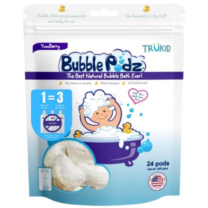 Picture of TruKid Bubble Podz Bubble Bath for Baby & Kids, Gentle Refreshing Bath Bomb for Sensitive Skin, pH Balance 7 for Eye Sensitivity, Natural Moisturizers and Ingredients, Yumberry (24 Podz)