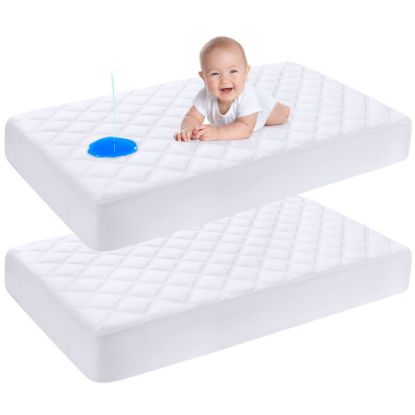 Picture of Yoofoss Waterproof Crib Mattress Protector 2 Pack, Quilted Crib Mattress Pad Cover Ultra Soft and Breathable, Machine Washable Toddler Mattress Protector for Standard Baby Crib Size 52''x28''