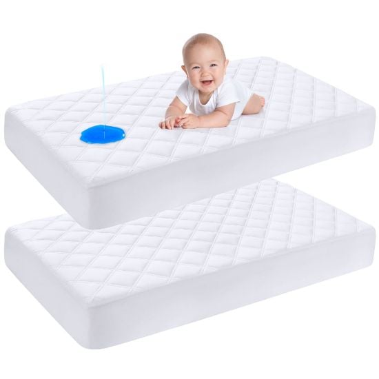 Picture of Yoofoss Waterproof Crib Mattress Protector 2 Pack, Quilted Crib Mattress Pad Cover Ultra Soft and Breathable, Machine Washable Toddler Mattress Protector for Standard Baby Crib Size 52''x28''