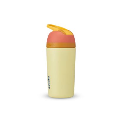 Picture of Owala Kids Flip Insulated Stainless-Steel Water Bottle with Straw and Locking Lid, 14-Ounce, Orange/Yellow (Misty Horizon)