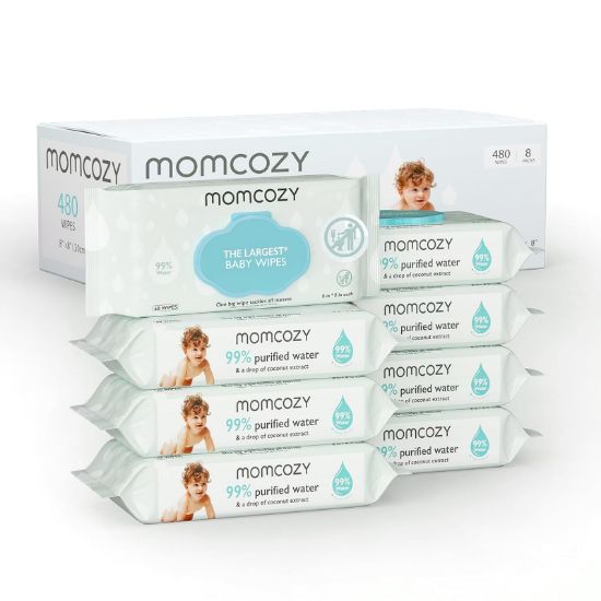 Picture of Momcozy Water Baby Wipes-Extra Large Size Design, 99% Water Based Wipes, Unscented & Hypoallergenic, Cleansing & Moisturizing Baby Wipes for Sensitive Skin, 8 Flip-Top Packs (480 Wipes Total)