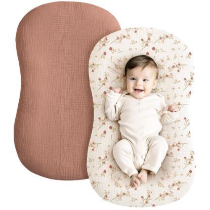 Picture of Konssy Muslin Baby Lounger Cover 2 Pack, 100% Cotton Newborn Lounger Cover, Soft and Breathable Baby Nest Slipcover for Boys Girls (Chestnut, Posy)