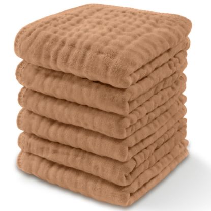 Picture of Comfy Cubs Muslin Baby Washcloths 6 Pack - Soft 6-Layer Cotton Wash Cloths for Sensitive Skin - 10"x10" Large, Gentle, Absorbent Infant Essentials for Newborn and Toddlers - (Caramel)