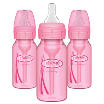 Picture of Dr. Brown's Anti-Colic Options+ Baby Bottles, 4 oz/120 mL, with Level 1 Slow Flow Nipple, Pink, 3 Pack, 0m+