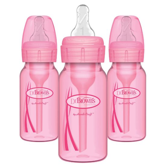 Picture of Dr. Brown's Anti-Colic Options+ Baby Bottles, 4 oz/120 mL, with Level 1 Slow Flow Nipple, Pink, 3 Pack, 0m+