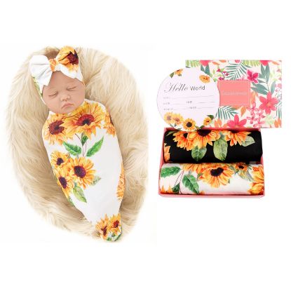 Picture of Galabloomer Receiving Blanket Headband Set Flower Print Baby Swaddle Blankets Sunflower