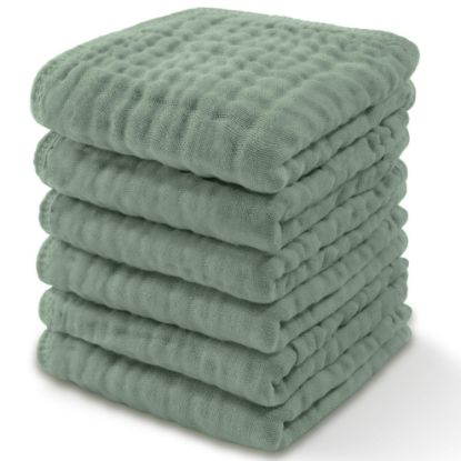 Picture of Comfy Cubs Muslin Baby Washcloths 6 Pack - Soft 6-Layer Cotton Wash Cloths for Sensitive Skin - 10"x10" Large, Gentle, Absorbent Infant Essentials for Newborn and Toddlers - (Fern)