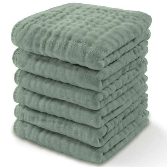 Picture of Comfy Cubs Muslin Baby Washcloths 6 Pack - Soft 6-Layer Cotton Wash Cloths for Sensitive Skin - 10"x10" Large, Gentle, Absorbent Infant Essentials for Newborn and Toddlers - (Fern)