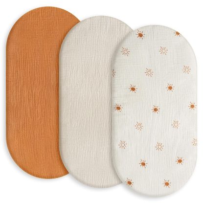 Picture of Gllquen Baby Muslin Bassinet Sheets 3 Pack, Breathable Elastic Cozy Fitted Cotton Bassinet Mattress Sheet for Baby Boy Girls, Fit for Hourglass Oval Rectangular Cradle Pad Sheets 33"X17" (Sunshine)