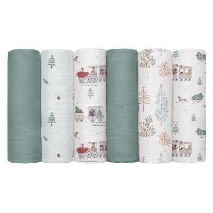 Picture of GLLQUEN BABY Receiving Blanket Boy Cotton Muslin Swaddle Blankets Girl Newborn Squares Breathable & Soft Thin Baby Blankets Cloths Double Absorbent Infant Swaddling Wrap - 6 Pack (Pine Tree & Train)