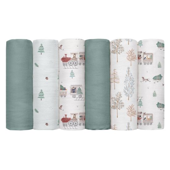 Picture of GLLQUEN BABY Receiving Blanket Boy Cotton Muslin Swaddle Blankets Girl Newborn Squares Breathable & Soft Thin Baby Blankets Cloths Double Absorbent Infant Swaddling Wrap - 6 Pack (Pine Tree & Train)