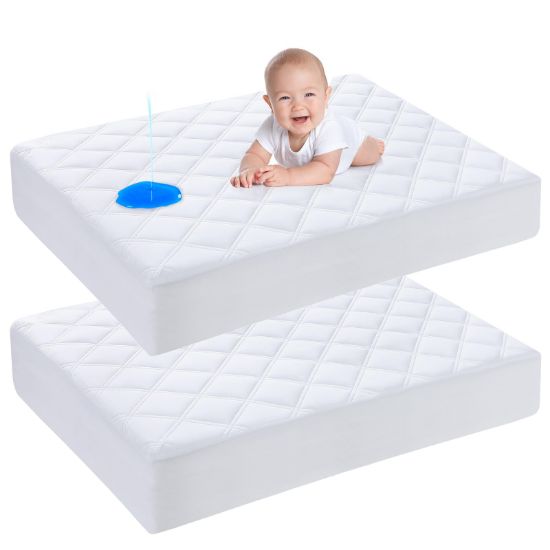 Picture of Yoofoss Waterproof Pack and Play Mattress Protector 2 Pack, Quilted Pack and Play Mattress Pad Cover Ultra Soft and Breathable, Playpen/Playard Mattress Sheet for Standard Pack n Play Size 39''x27''