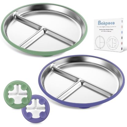 Picture of Bakpoco Stainless Steel Toddler Plate with Suction, 9” Divided Plates with Removable Silicone Sleeves for Baby, Non Toxic & BPA Free | Non Slip | Unbreakable Kids Snack Dishes Set of 2, Green & Purple