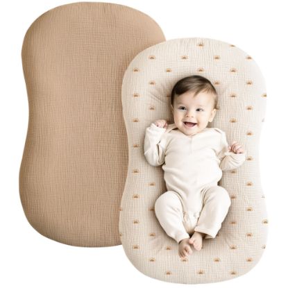 Picture of Konssy Muslin Baby Lounger Cover 2 Pack, 100% Cotton Newborn Lounger Cover, Soft and Breathable Baby Nest Slipcover for Boys Girls (Camel,Sun)
