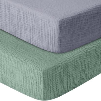 Picture of GUNTAIL Muslin Crib Sheets for Boys Girls 100% Cotton Fitted Baby Crib Sheet 2 Pack Soft and Breathable for Standard Crib Mattress & Toddler Mattress 52x28in (Gray & Green)
