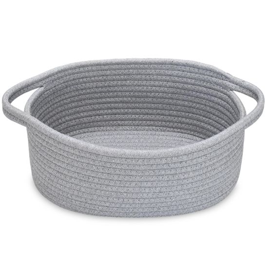 Picture of ABenkle Small Basket, 12"x 8" x 5" Cute Small Woven Basket, Rope Room Shelf Storage Basket, Cat Dog Toys Basket Chest Box, Decorative Empty Gift Basket with Handles - All Gray
