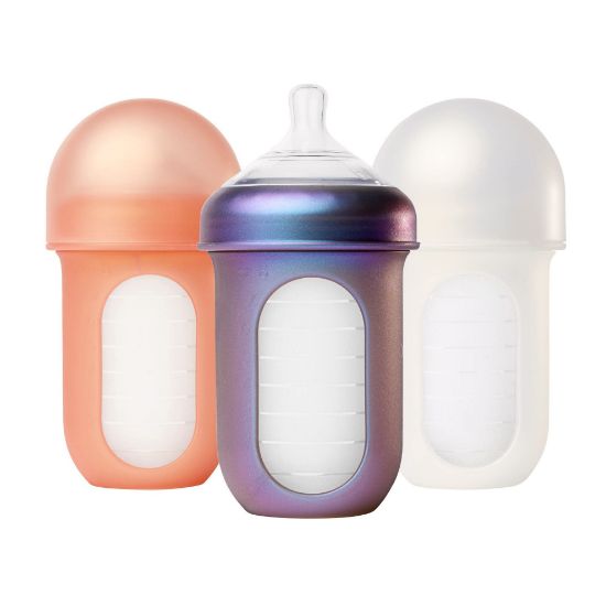 Picture of Boon Nursh Reusable Silicone Pouch Baby Bottles - Medium Flow Nipple - Silicone Baby Bottle Pouch and Nipple - Baby Feeding Essentials - Metallic - 3-6 Months - 3 Count - 8 Ounce