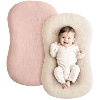 Picture of Konssy Muslin Baby Lounger Cover 2 Pack, 100% Cotton Newborn Lounger Cover, Soft and Breathable Removable Slipcover Infant Lounger Cover for Boy, Girl, Pink,Wheat