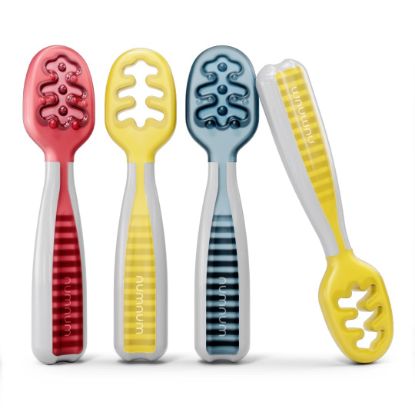 Picture of NumNum Baby Spoons Set, Baby Essentials Pre-Spoon GOOtensils for 6+ Months, First Stage Self-Feeding Spoons for Baby Led Weaning (BLW), Silicone Toddler Utensils, BPA-Free, 4 Pack Primary Colors