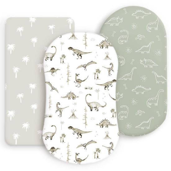 Picture of Stretchy Ultra Soft Fitted Bassinet Sheet Set 3 Pack, Universal Fit for Bassinets Baby Cradle Moses Basket Oval Rectangle Mattress Safe and Snug, Dinosaur World