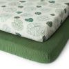 Picture of Blissful Diary Muslin Mini Crib Sheets, Pack and Play Mattress Sheets Fitted for Pack N Play, Soft Cotton for Boys Girls, 2 Pack(Monstera&Dark Green)