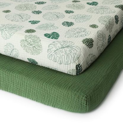 Picture of Blissful Diary Muslin Mini Crib Sheets, Pack and Play Mattress Sheets Fitted for Pack N Play, Soft Cotton for Boys Girls, 2 Pack(Monstera&Dark Green)