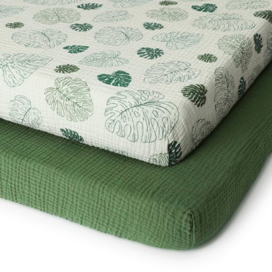 Picture of Blissful Diary Muslin Mini Crib Sheets, Pack and Play Mattress Sheets Fitted for Pack N Play, Soft Cotton for Boys Girls, 2 Pack(Monstera&Dark Green)
