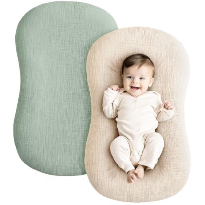 Picture of Konssy Muslin Baby Lounger Cover 2 Pack, 100% Cotton Newborn Lounger Slipcover for Boys & Girls, Soft & Breathable (Green, Wheat)