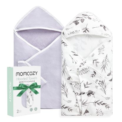 Picture of Momcozy Baby Hooded Towel-Made from Cotton, Suitable for Newborn Shower Gifts, 2 Count (Pack of 1), 28 X 28 Inch, Ink Wash Leaves