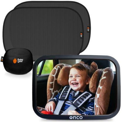 Picture of Onco Baby Car Mirror & Window Shades Bundle (18.9 12) - UPF 50+ Shade, 100% Shatter-Proof Mirror, Universal for Car Journeys