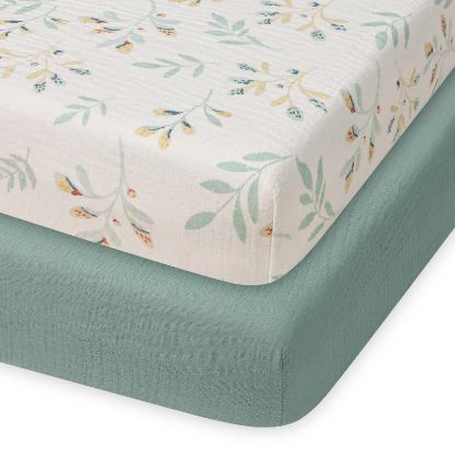 Picture of Blissful Diary Muslin Mini Crib Sheets, Pack and Play Mattress Sheets Fitted for Pack N Play, Soft Cotton for Boys Girls, 2 Pack(Roman Green&Leaf)