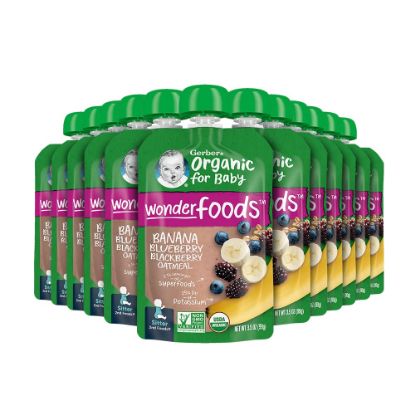Picture of Gerber Organic Baby Food Pouches, 2nd Foods for Sitter, WonderFoods, Banana Blueberry Blackberry Oatmeal, 3.5 Ounce (Pack of 12)