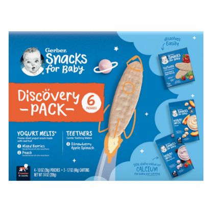 Picture of Gerber Baby Food, Baby Snacks, Discovery Pack, Teethers Strawberry Apple Spinach (2) and Yogurt Melts Mixed Berries (2) Peach (2), Crawler (8+ Months) Variety Pack (Pack of 6)