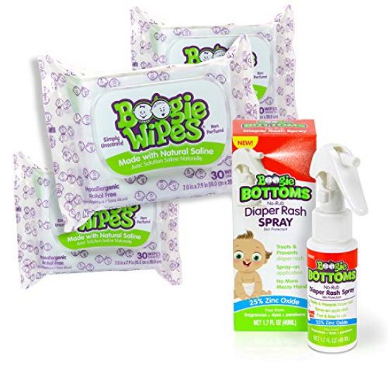 Picture of Boogie Wipes Baby Bundle, 3 Packs Unscented Boogie Wipes and Boogie Bottoms Diaper Rash Spray
